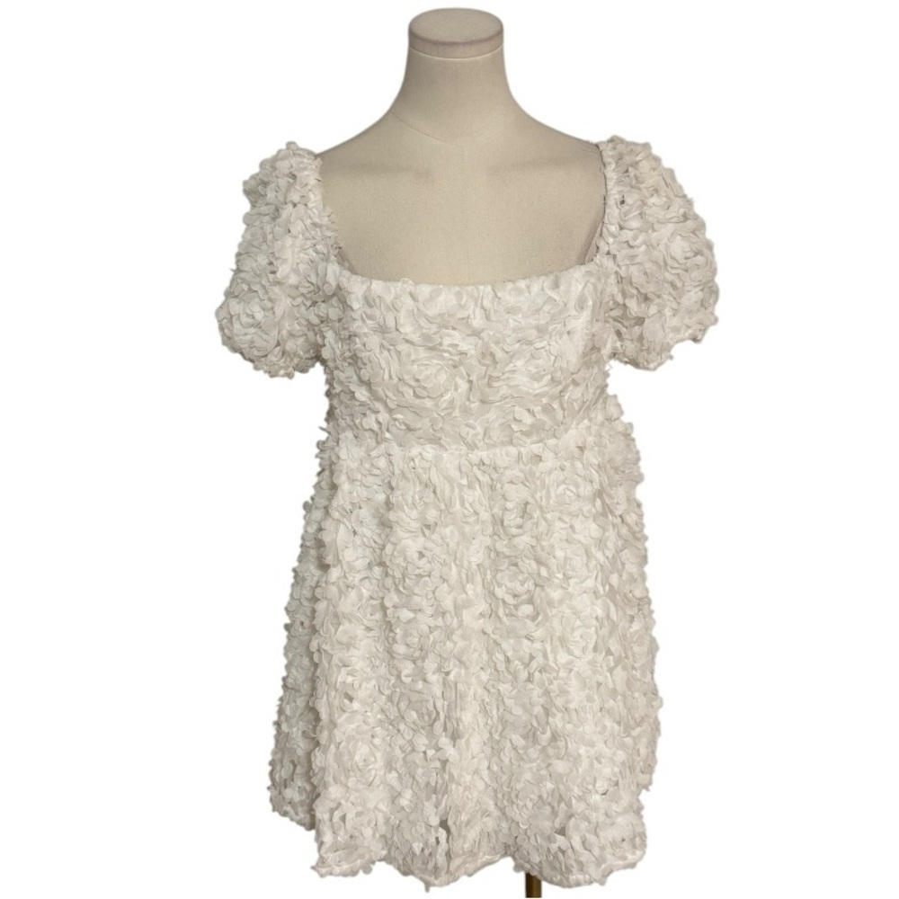 LULUS Precious Passion White Floral Puff Sleeve Babydoll Dress sz L Wedding Mini - Picture 7 of 9